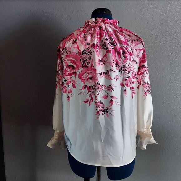 NEW Anne Klein Petite Printed Ruffle-Neck Long-Sleeve Satin Top PXS - Picture 4 of 10